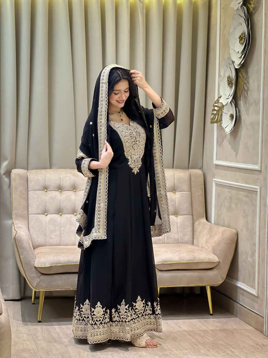 Teeya Creation Black Color Faux Georgette Embroidery Work Long Party Wear Gown | Grocsy