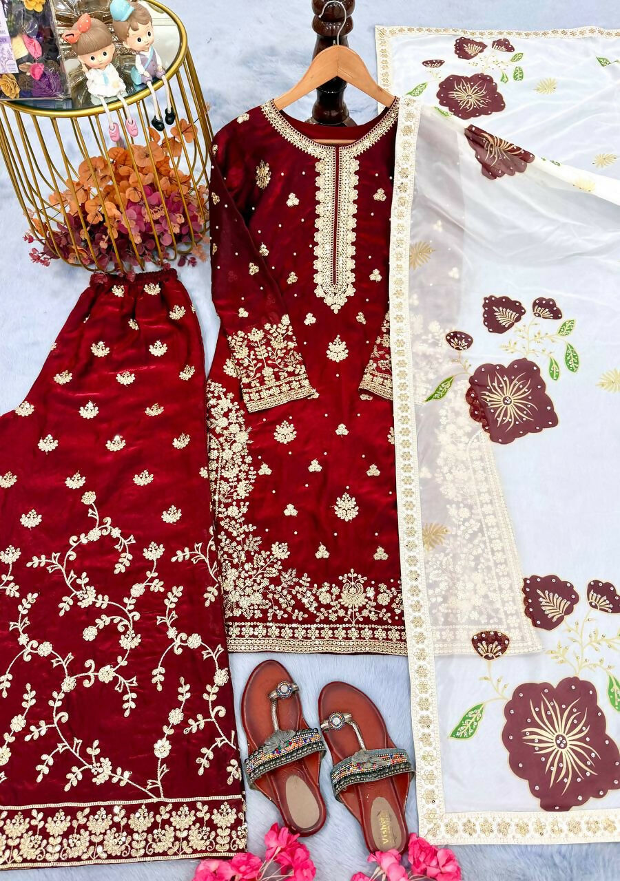 Teeya Creation Maroon Fendy Silk Beads Work Designer Wedding Wear Salwar Suit | Grocsy