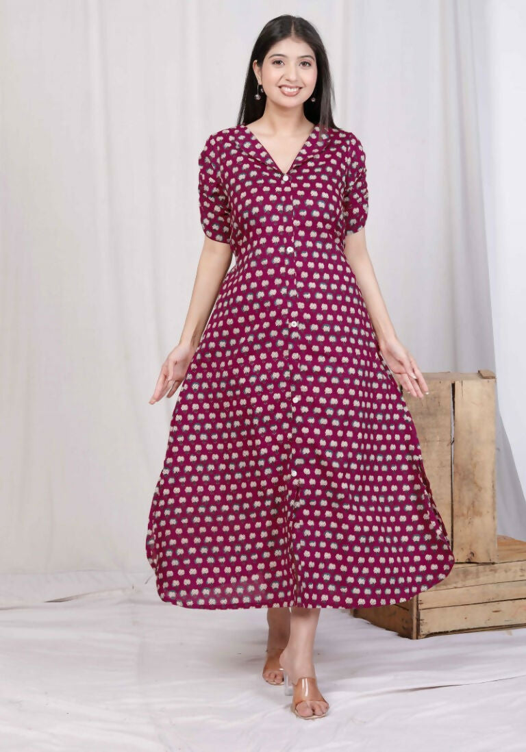 Miravan Women's Relaxed Fit Red Floral Printed A-Line Pure Cotton Midi Dress | Grocsy