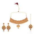 Tehzeeb Creations Stone And Pearl Studded Necklace With Earrings And Tikka | Grocsy