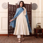 The52 Women's Beautiful Solid Chanderi Silk Fabric Flared Anarkali Pant and Dupatta Set-Off White | Grocsy