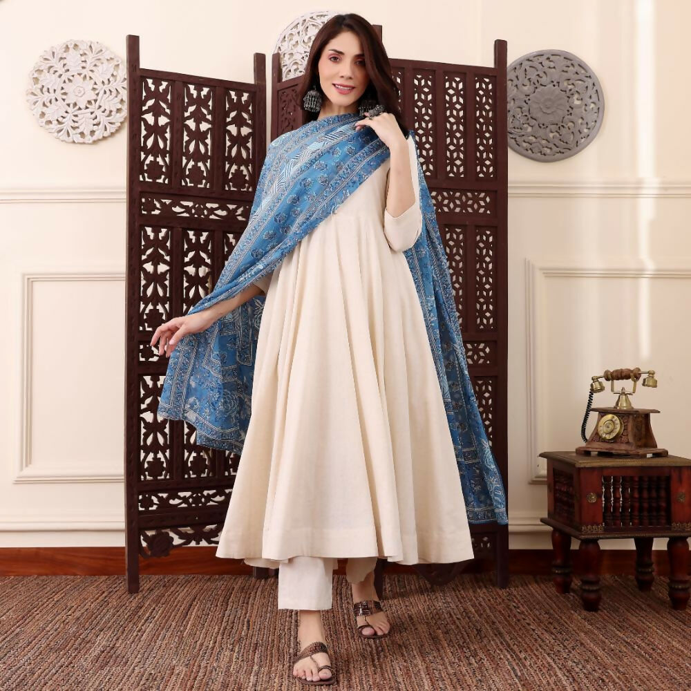 The52 Women's Beautiful Solid Chanderi Silk Fabric Flared Anarkali Pant and Dupatta Set-Off White | Grocsy