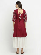Rudra Bazaar Wine Lace Work Flared Kurti with Sharara | Grocsy