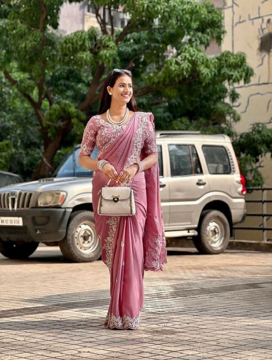 Teeya Creation New Womens Trendy Stylish Embroidered Work Saree-Beige | Grocsy