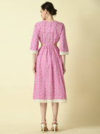 Myshka Women's Pink Floral Printed Fit and Flare Dress | Grocsy