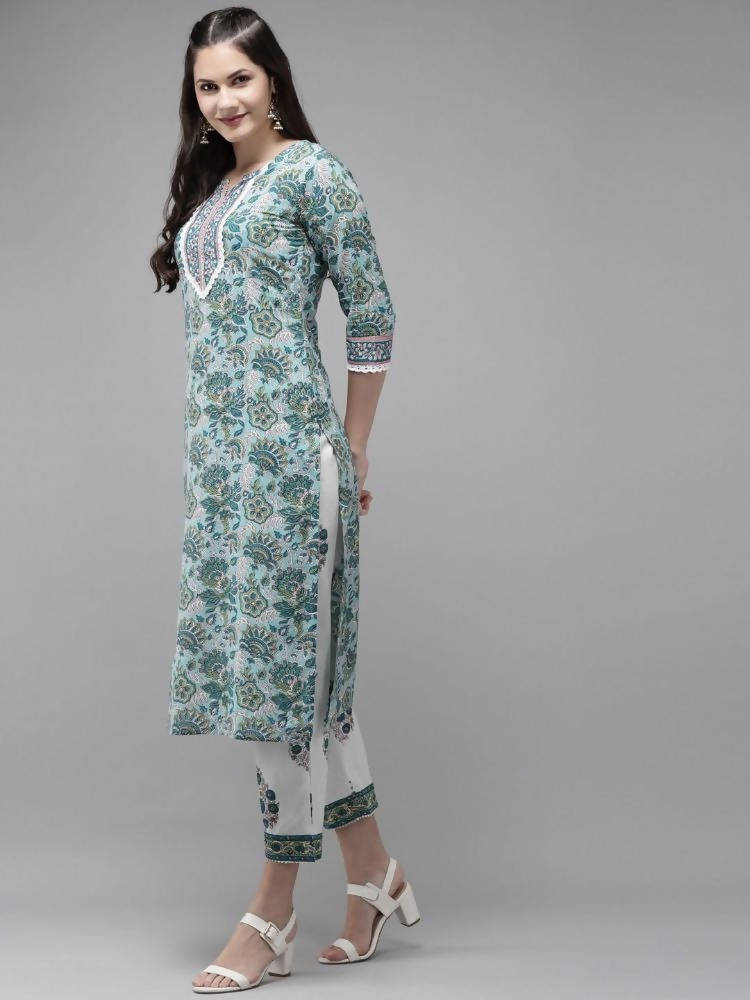 Yufta Green Hand Block Printed Kurta with Trouser and Dupatta | Grocsy