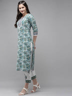 Yufta Green Hand Block Printed Kurta with Trouser and Dupatta | Grocsy
