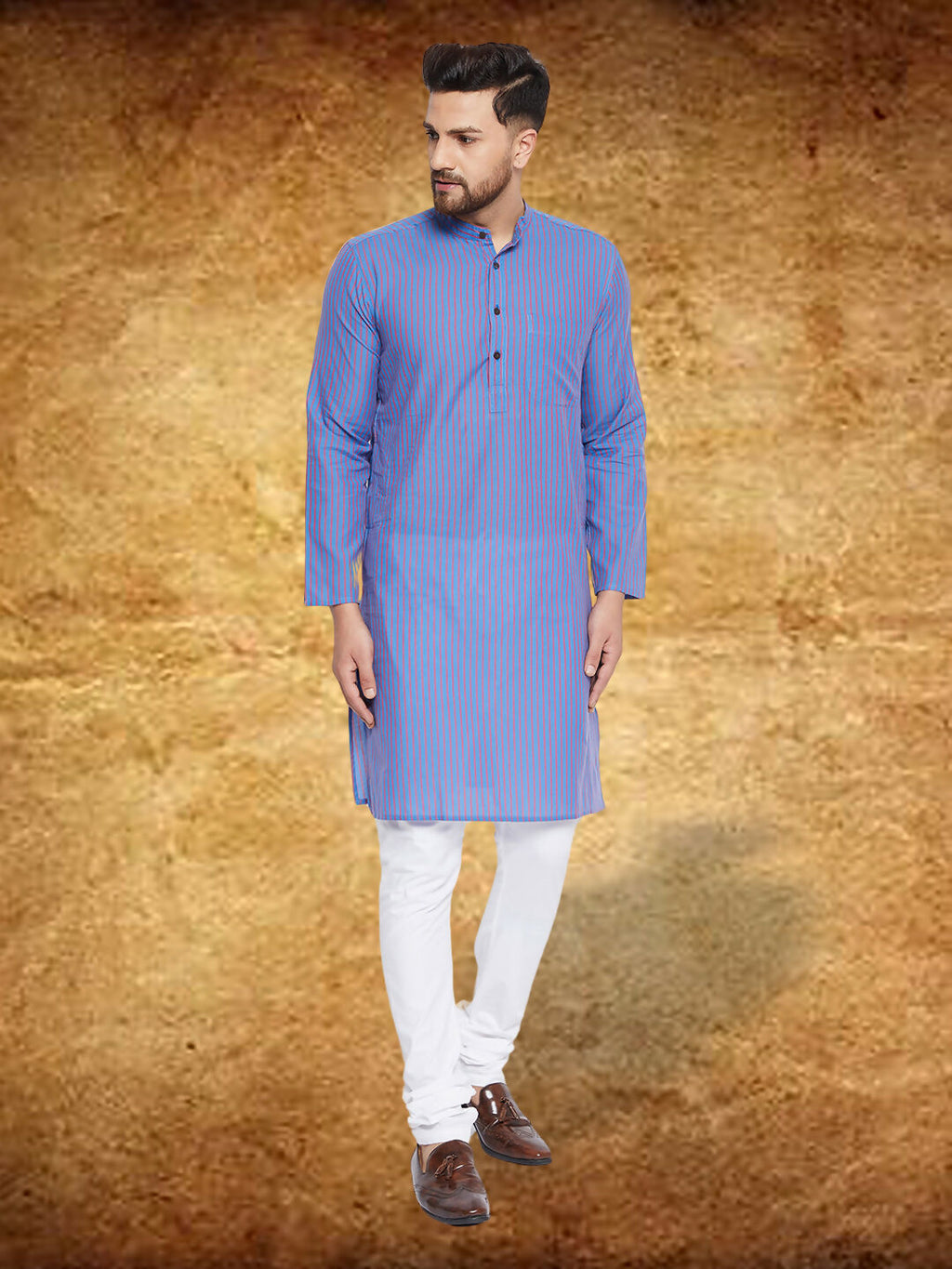 Even Apparels Men's Pure Cotton Blue Striped Kurta | Grocsy