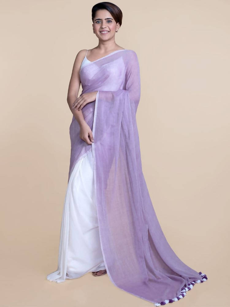 Suta Women Lavender And White Mul Cotton Saree | Grocsy