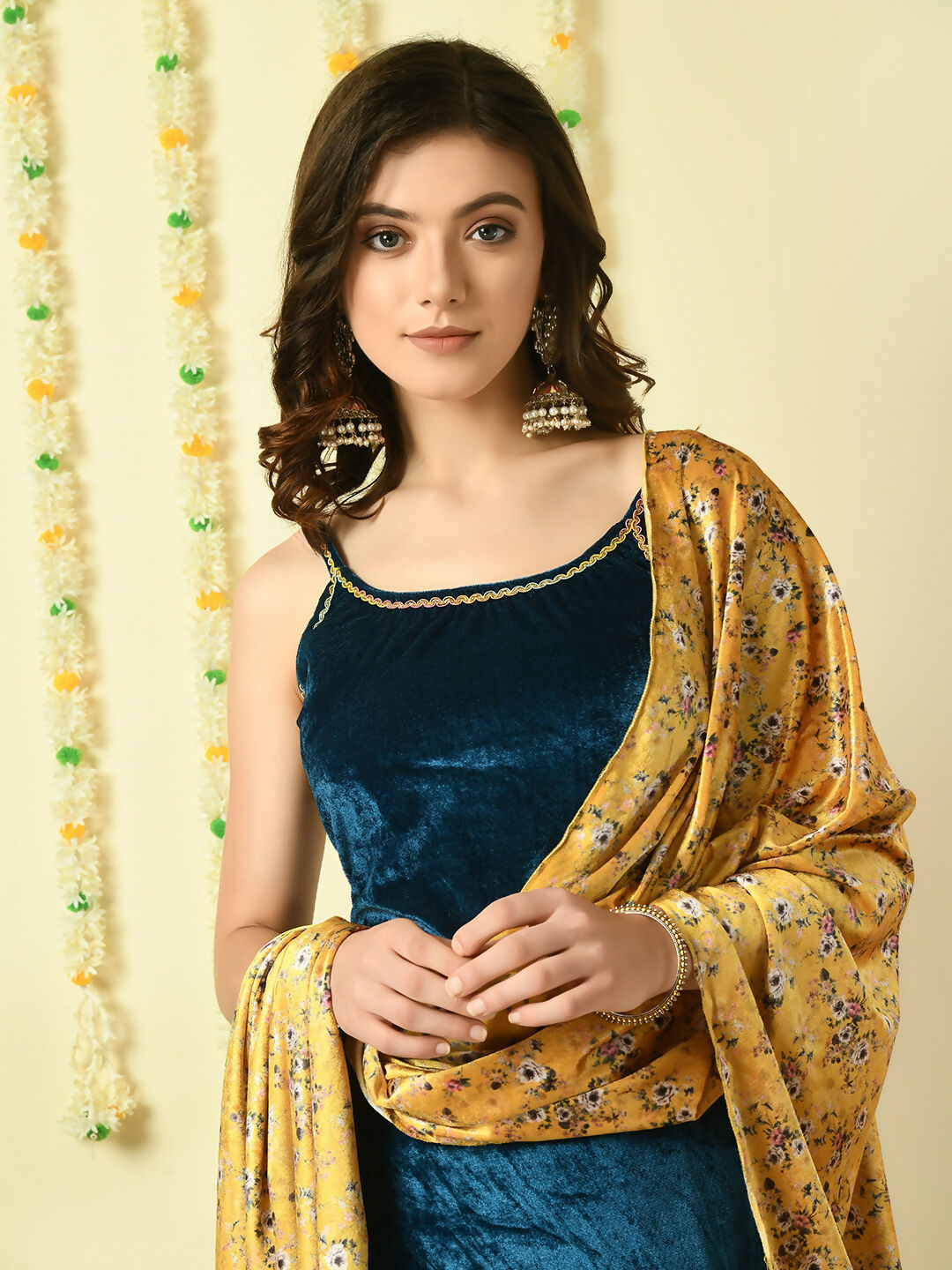 Myshka Women's Teal Velvet Kurti & Sharara With Dupatta Party Sets | Grocsy