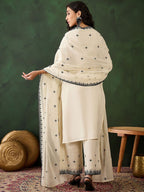 Sangria Off White Floral Embroidered Pure Cotton Mirror Work Kurta & Palazzos With Dupatta | Grocsy
