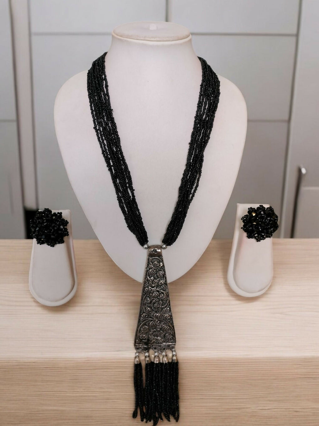 Inhanns Day-To-Dinner Tie Shaped Oxidized Black Metal Multi-Layered Long Necklace Set - Black | Grocsy