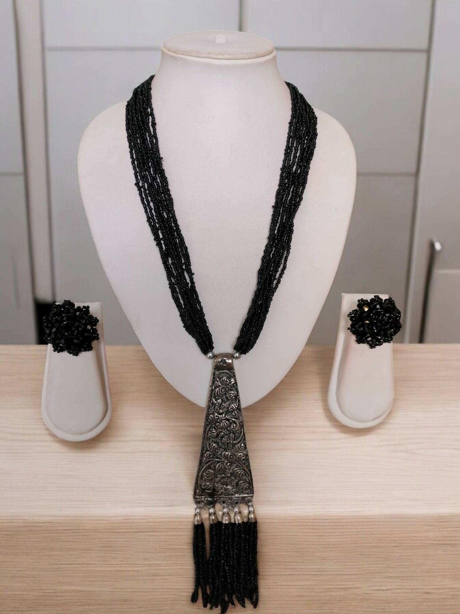Inhanns Day-To-Dinner Tie Shaped Oxidized Black Metal Multi-Layered Long Necklace Set - Black | Grocsy