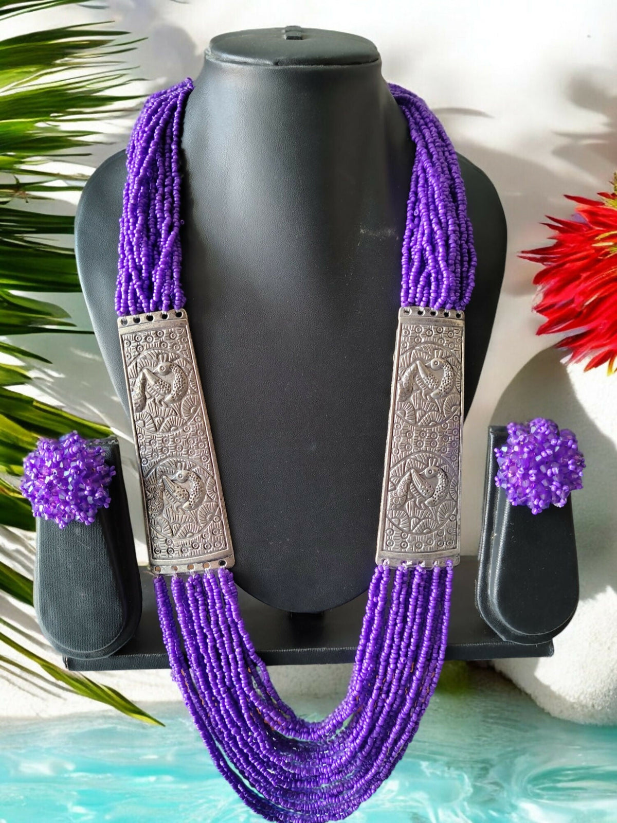 Inhanns Saree Shobha Statement Necklace & Earring Set - Purple Necikace With Earrings | Grocsy