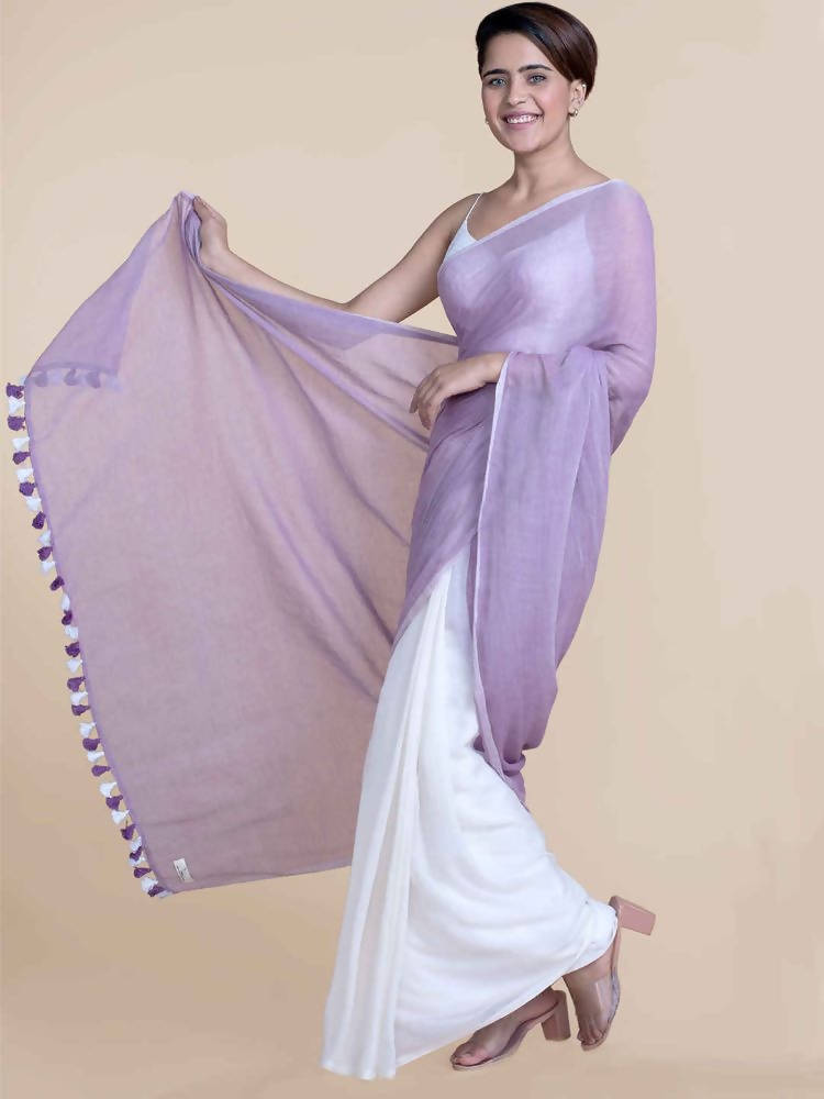 Suta Women Lavender And White Mul Cotton Saree | Grocsy