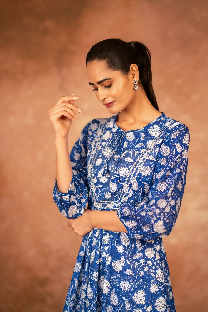 Joban Fashion Blue Floral Hand Block Printed Cotton Kurta Pant Set | Grocsy