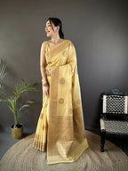 Joban Fashion Yellow Floral & Paisley Linen Silk Banarasi Saree | Grocsy