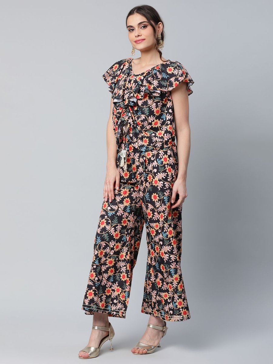 Ahalyaa Women Black Crepe Digital Print Top with Palazzo Set | Grocsy