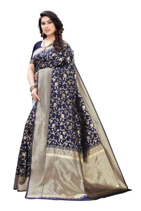 Vamika Banarasi Jacquard Weaving Navy Blue Saree (PARINITI NAVY) | Grocsy