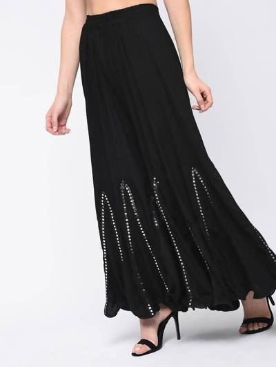Mominos Fashion Black Viscose Rayon Flared Palazzo with Mirror Lace Work