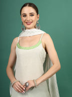 Sangria White Geometric Printed Shoulder Straps Mirror Work Kurta & Palazzos With Dupatta | Grocsy