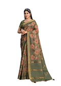 Coffee Mustard Tusser Silk Floral Printed With Embroidered Work Saree With Unstitched Blouse - Mohmanthan Aahana | Grocsy