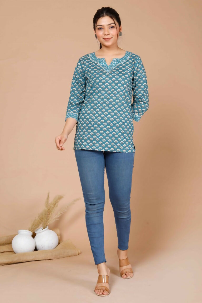 Miravan Women's Blue Floral Printed Pure Cotton Regular Kurti | Grocsy