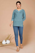 Miravan Women's Blue Floral Printed Pure Cotton Regular Kurti | Grocsy