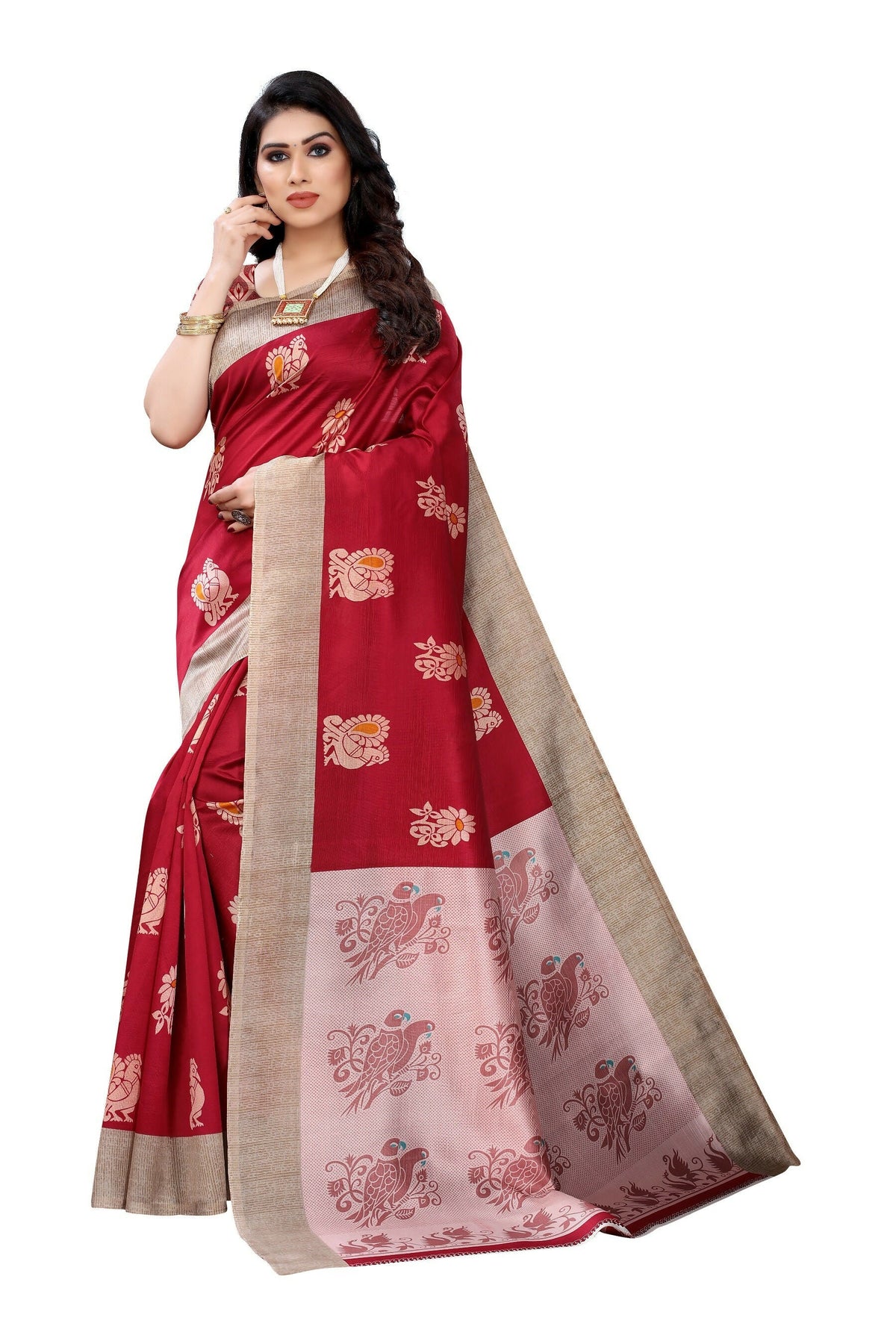 Vamika Red Printed Art Silk Saree | Grocsy