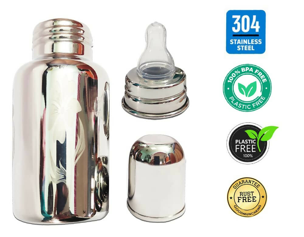 Goodmunchkins Stainless Steel Baby Feeding Bottle 304 Grade for Infants/Toddlers with Bottle Cleaning Brush-220ml | Grocsy