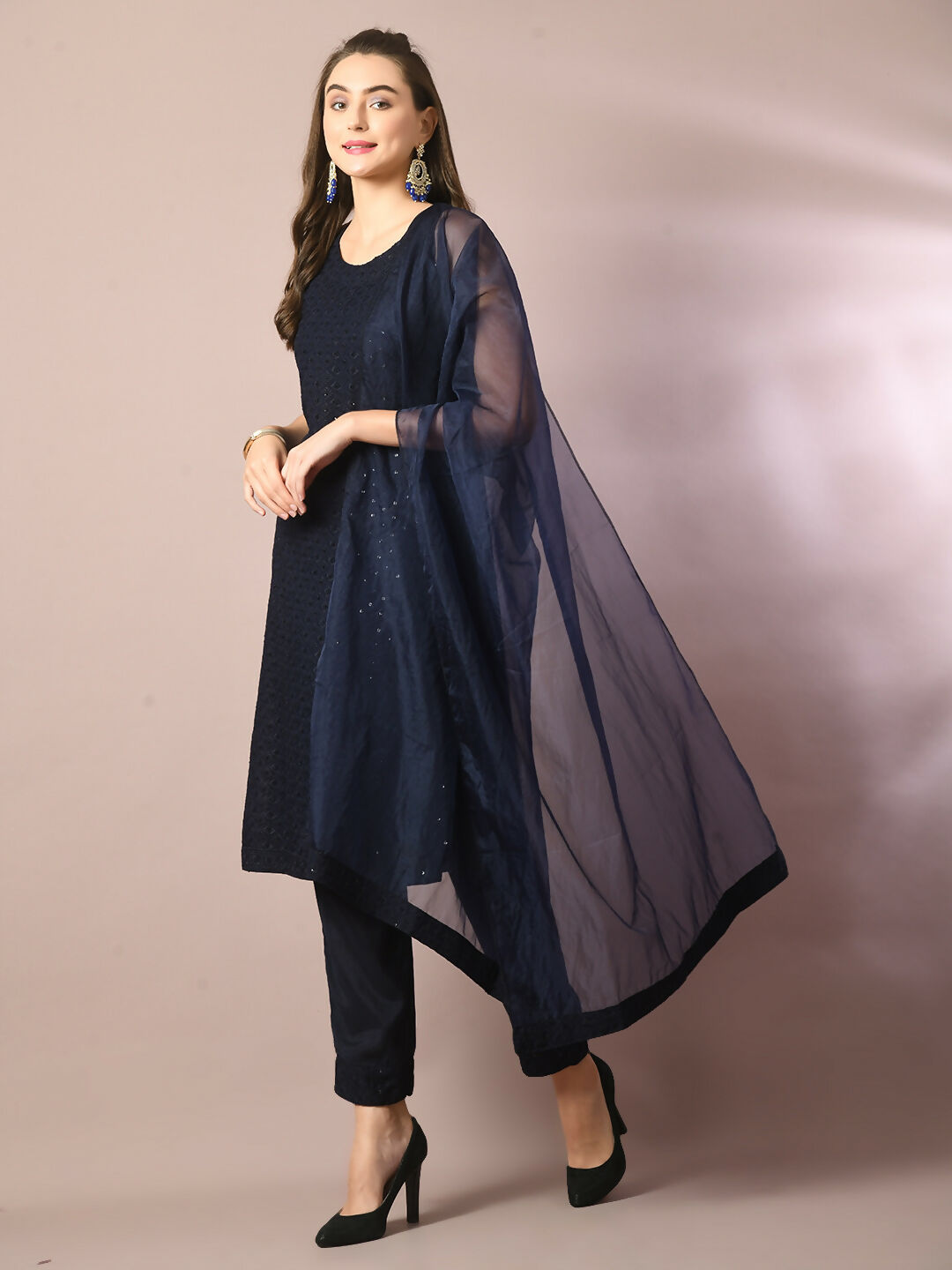 Myshka Women's Navy Blue Embroidered Cotton Straight Party Kurta Set With Dupatta | Grocsy
