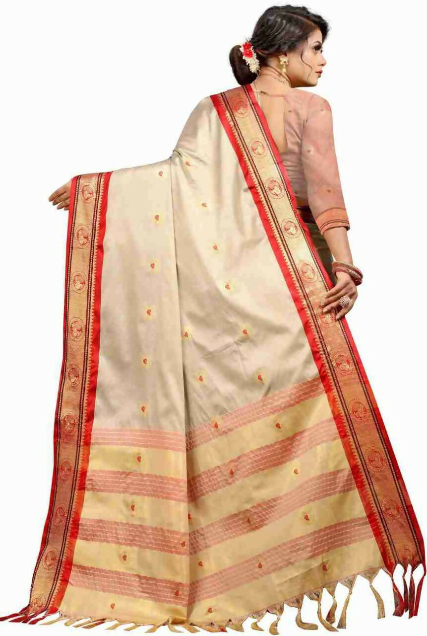 DEIANA'S Beautiful Designer Golden zari Soft Lichi Silk Saree - Cream | Grocsy