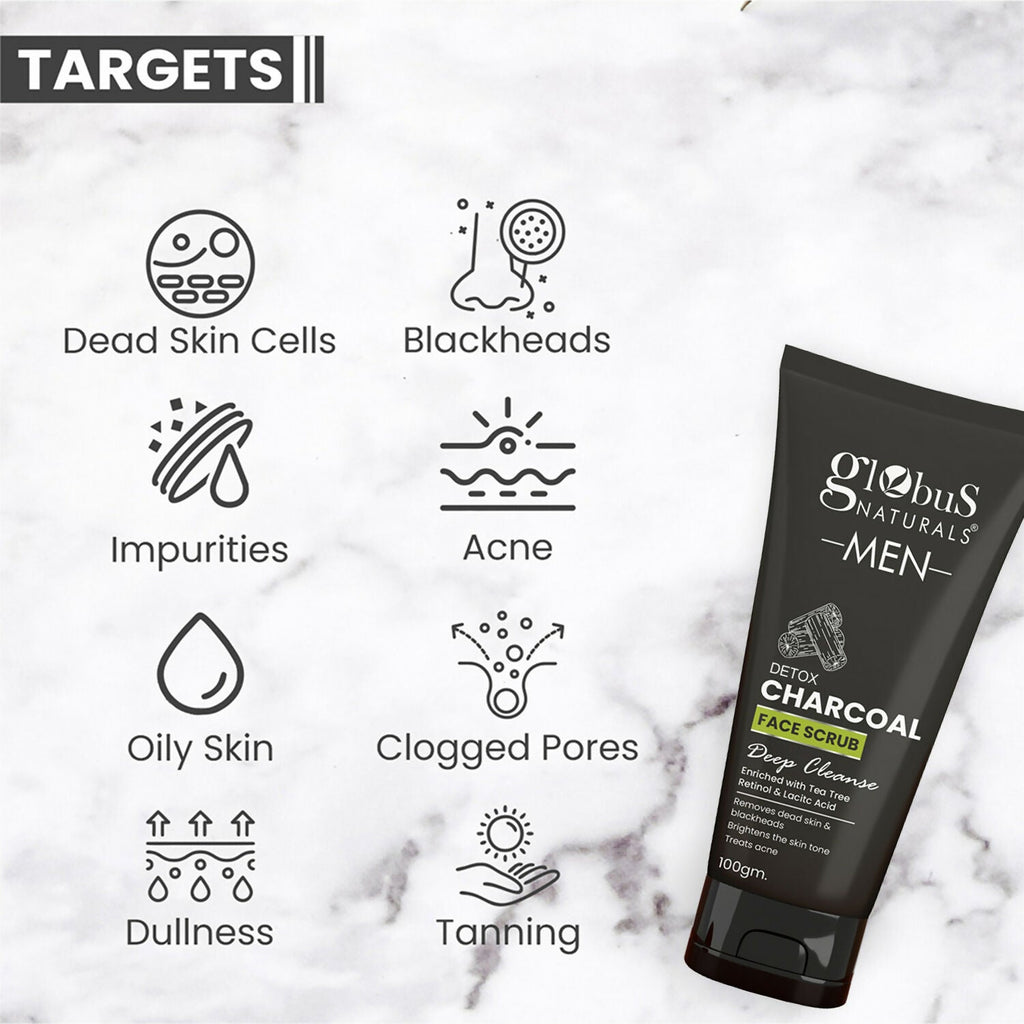 Globus Naturals Anti Pollution & Anti Acne Detox Charcoal Face Scrub for Men | Grocsy