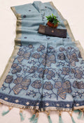 Vastranavya Sky Blue Muga Cotton Meenakari & Azarakh Pallu Saree with Contrast Blouse | Grocsy