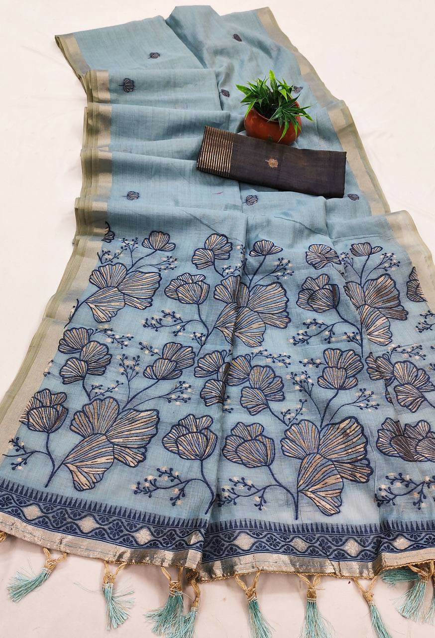 Vastranavya Sky Blue Muga Cotton Meenakari & Azarakh Pallu Saree with Contrast Blouse | Grocsy