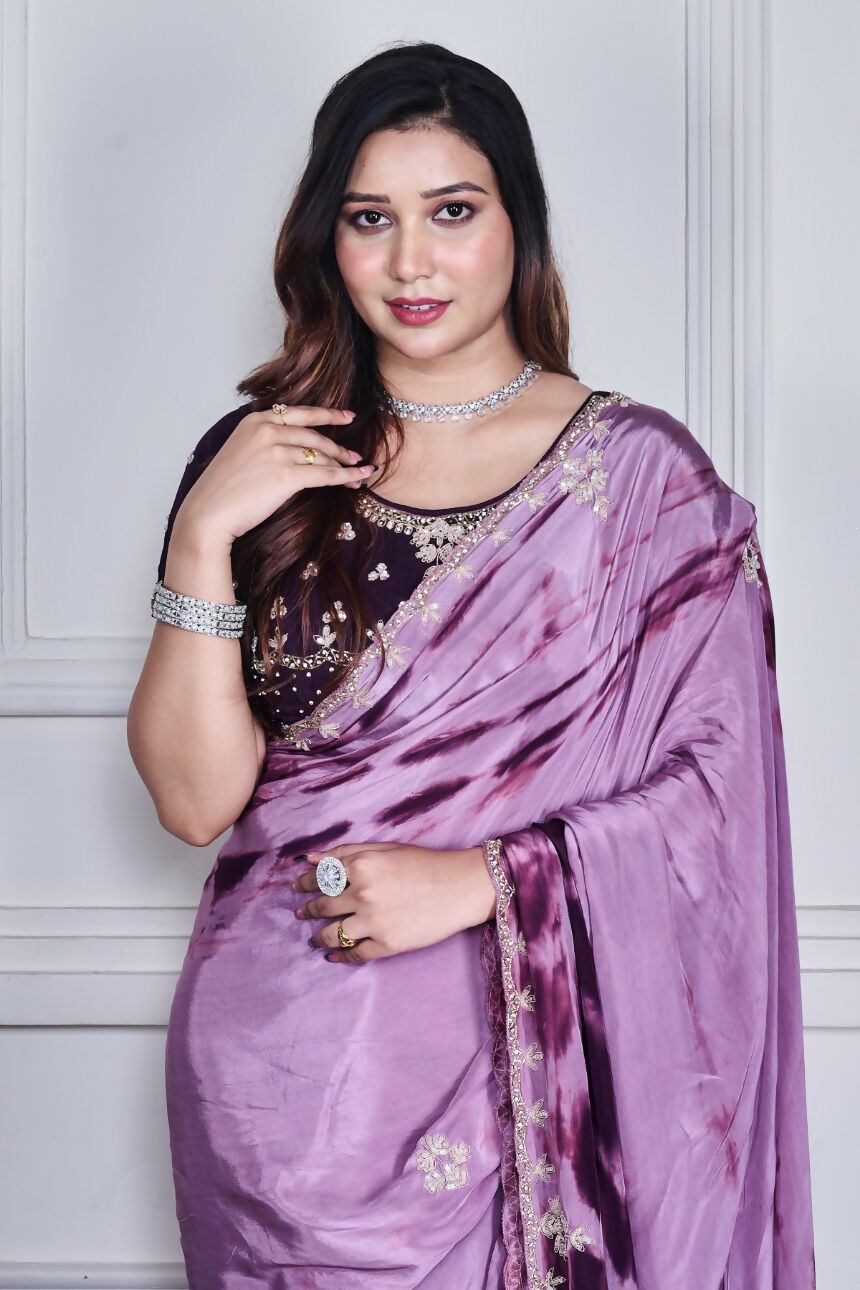 Morchari Wine Crepe Hand Embroidery Saree And Stitched Blouse | Grocsy