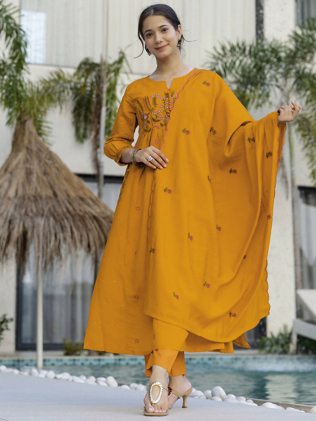 The52 Women's Beautiful Cotton Fabric Thread Work Straight Kurta Pant and Dupatta Set | Grocsy