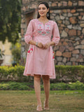 Juniper Women's Pink Cotton Dobby Embroidered Flared Dress | Grocsy