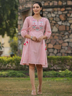 Juniper Women's Pink Cotton Dobby Embroidered Flared Dress | Grocsy