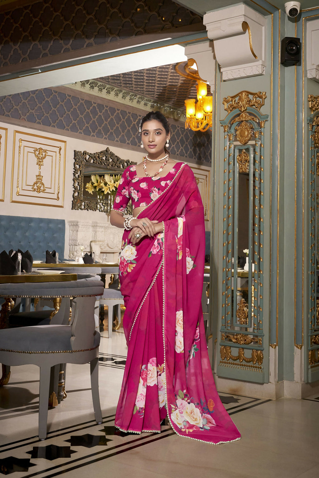 Vastranavya Pink Spectacular Georgette Printed with Pearl Lace Saree with Unstitched Blouse | Grocsy