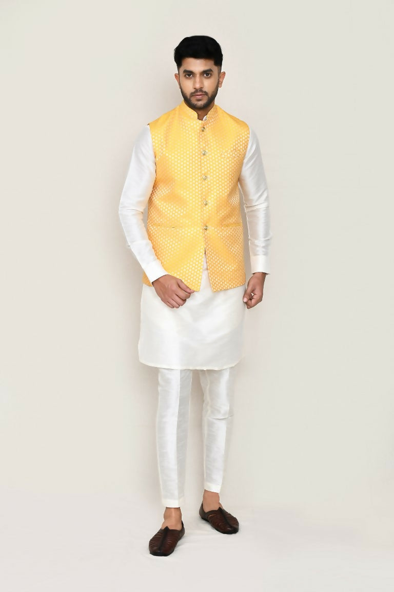 Joban Fashion White Colored Art Silk Fabric Kurta, Jacket With Straight Fit Pant | Grocsy