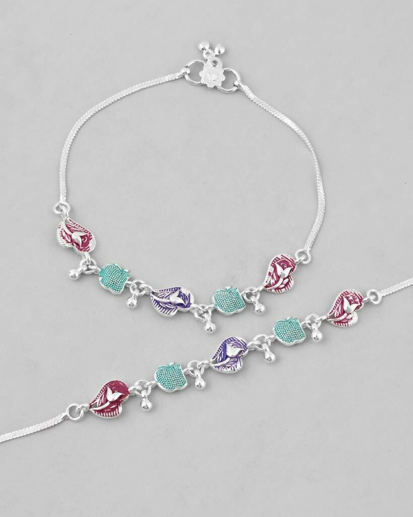 VOJ Set of 2 Silver Plated Designer Multi Color Anklet | Grocsy