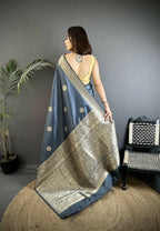 Joban Fashion Grey Floral Jacquard Woven Design Cotton Silk Banarasi Silk Saree | Grocsy