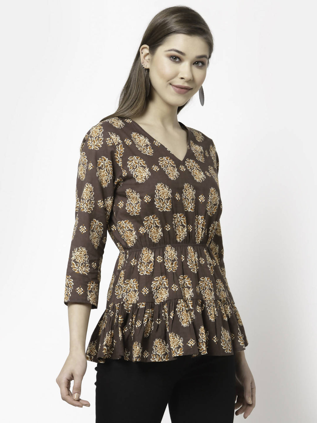 Myshka Printed 3/4 Sleeve V-Neck Casual Pure Cotton Top For Women | Grocsy