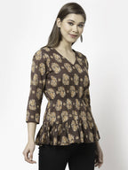 Myshka Printed 3/4 Sleeve V-Neck Casual Pure Cotton Top For Women | Grocsy