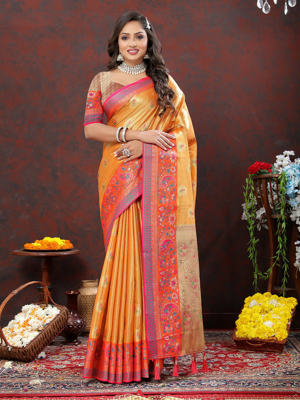 Lorenvalley Fashion Orange Kanjivaram Silk Woven Design with Zari Weaving Saree | Grocsy
