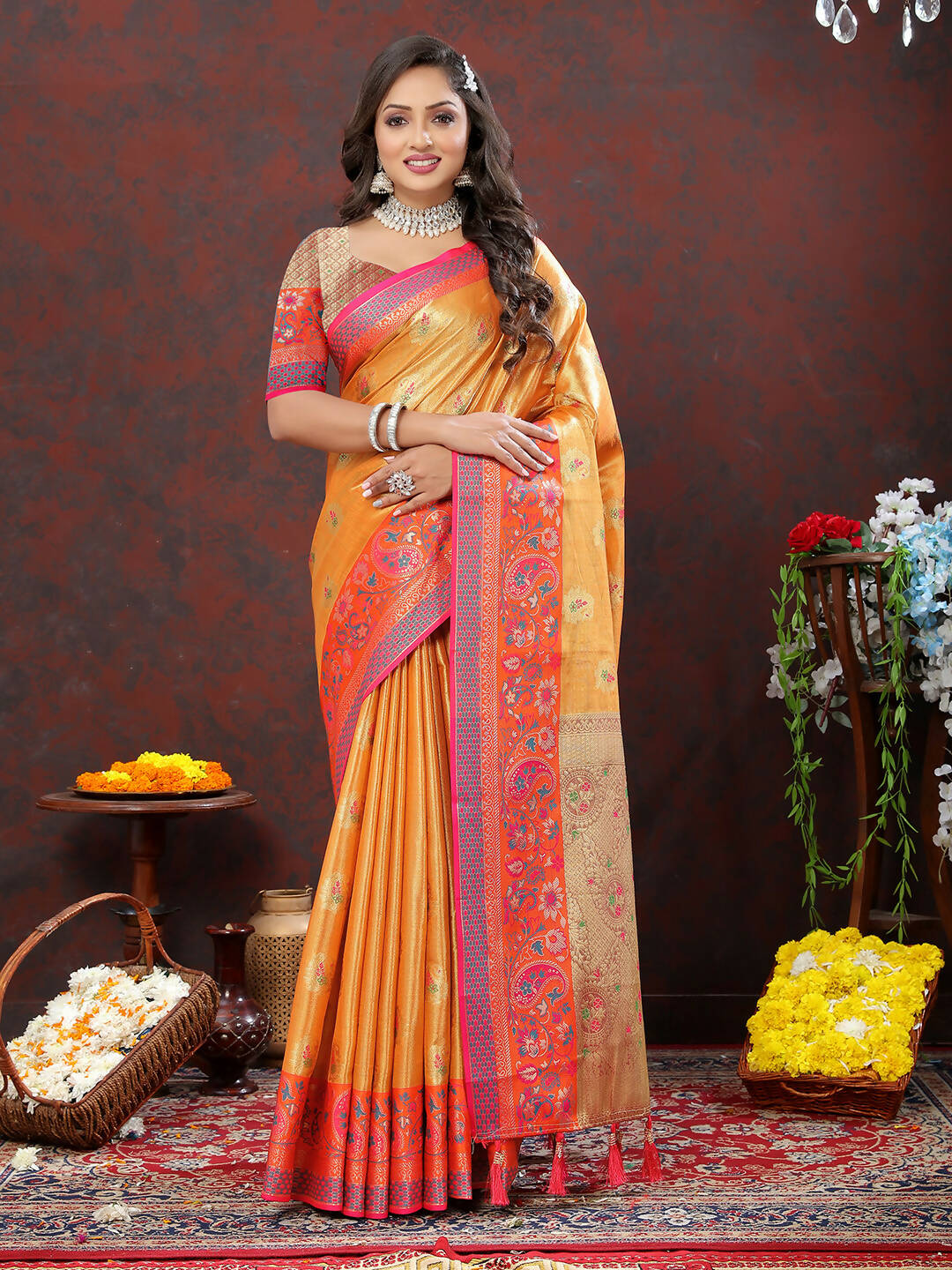Lorenvalley Fashion Orange Kanjivaram Silk Woven Design with Zari Weaving Saree | Grocsy