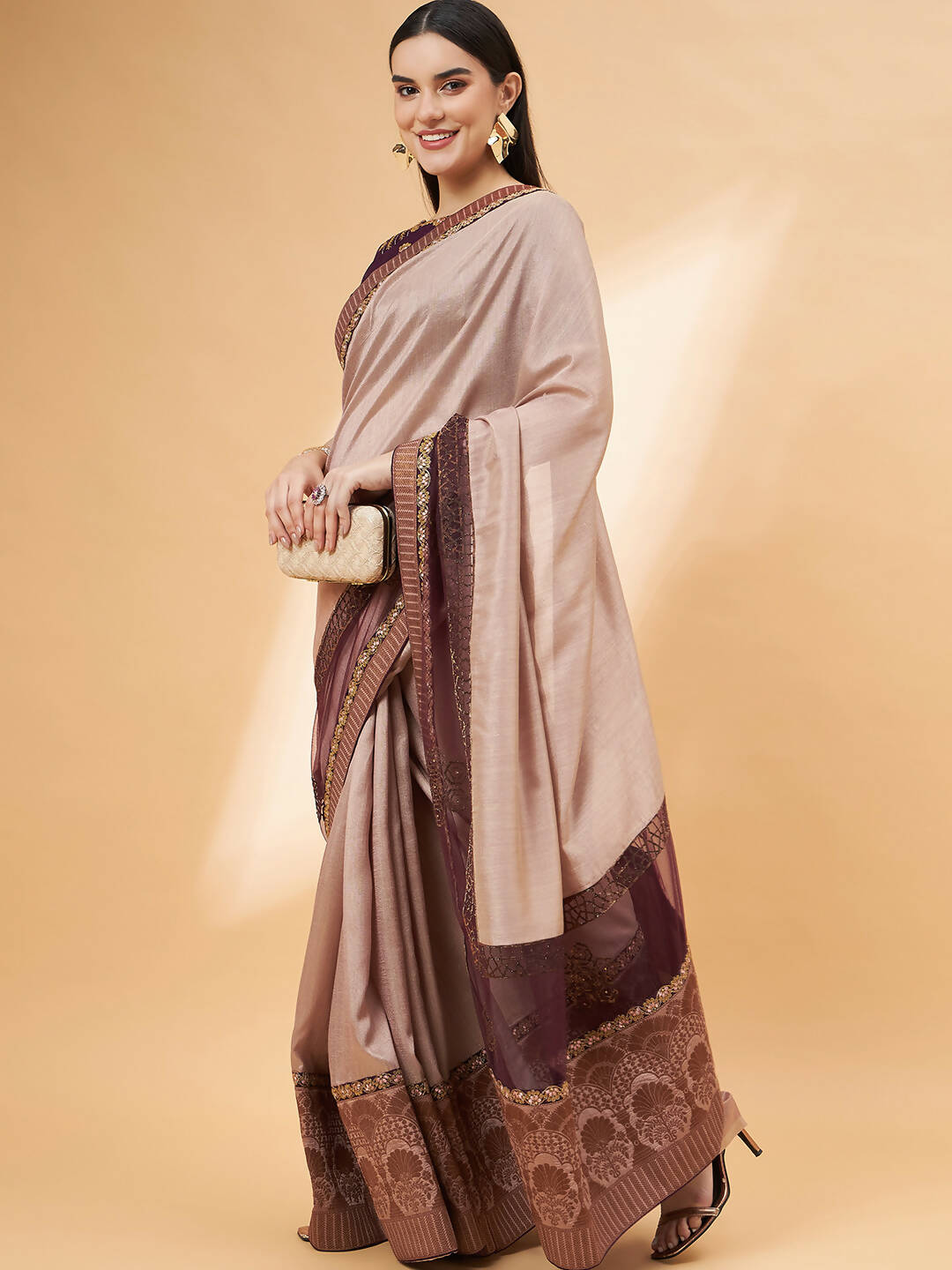 Beige, Purple Tussar Silk Zari, Thread And Cord Embroidery, Laser Cut Applique Saree - Norita Hit Design | Grocsy