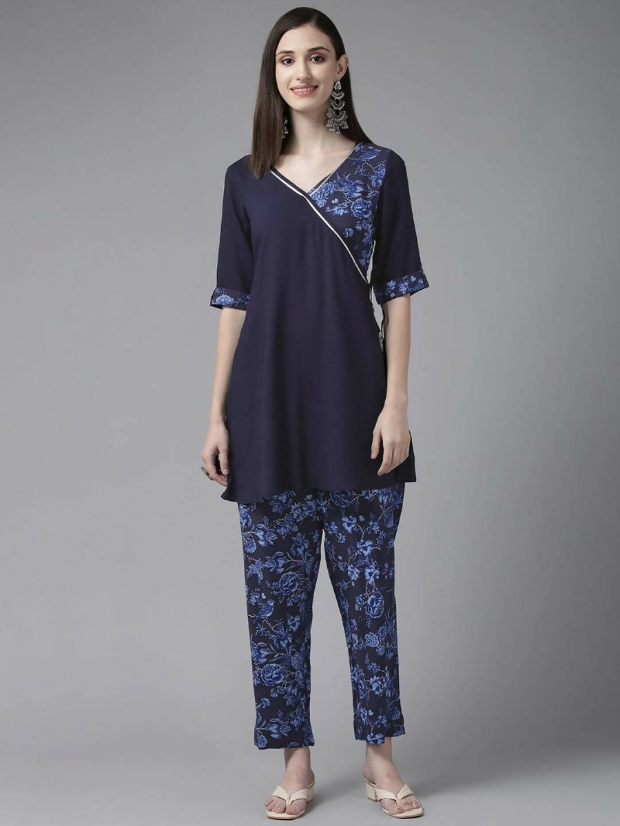 Ahalyaa Women Navy Blue Rayon Wax Printed Angrakha Gotta Patti Tunic With Trousers | Grocsy