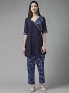Ahalyaa Women Navy Blue Rayon Wax Printed Angrakha Gotta Patti Tunic With Trousers | Grocsy